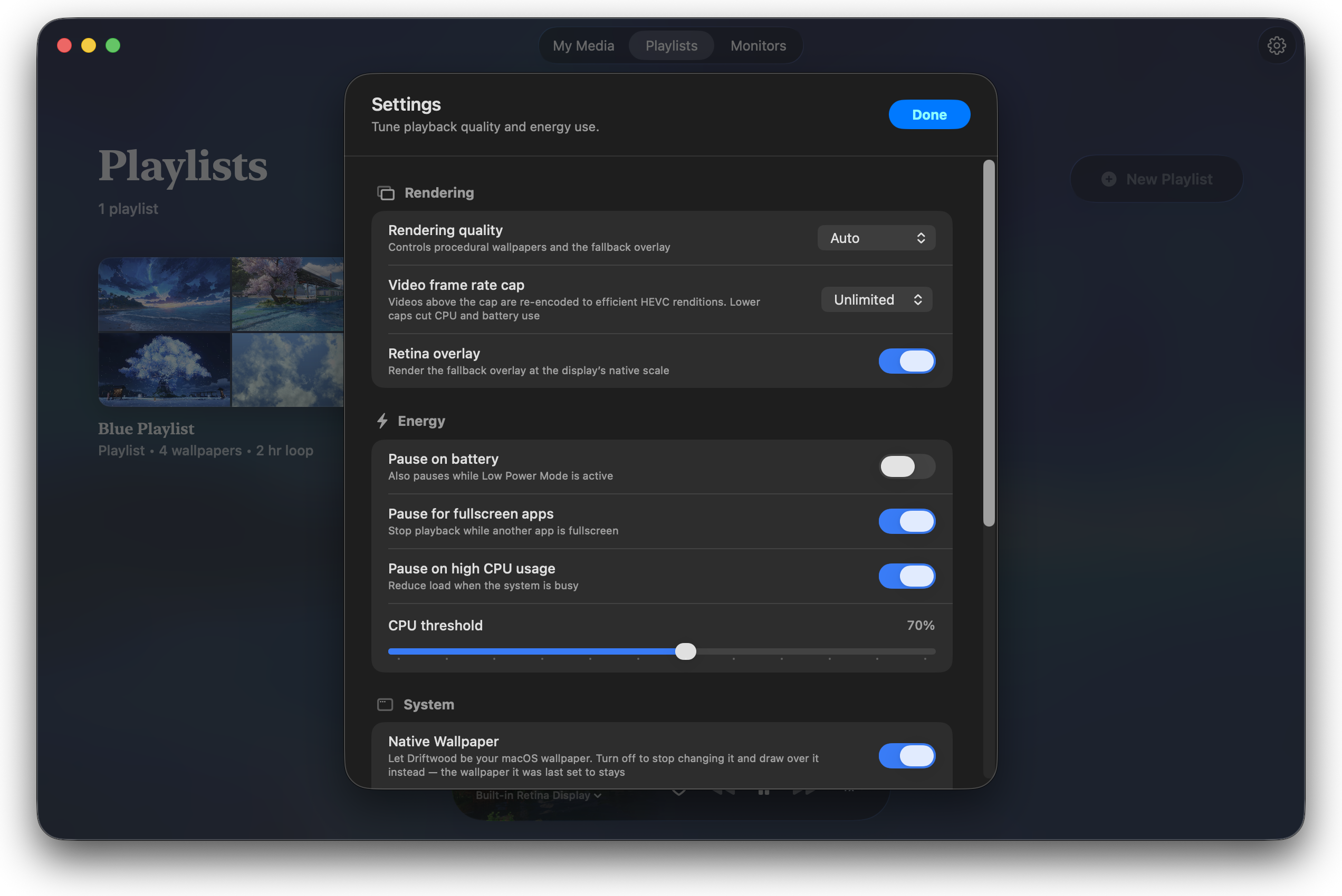 Driftwood settings for rendering quality, frame-rate limits, battery, fullscreen apps, and CPU usage