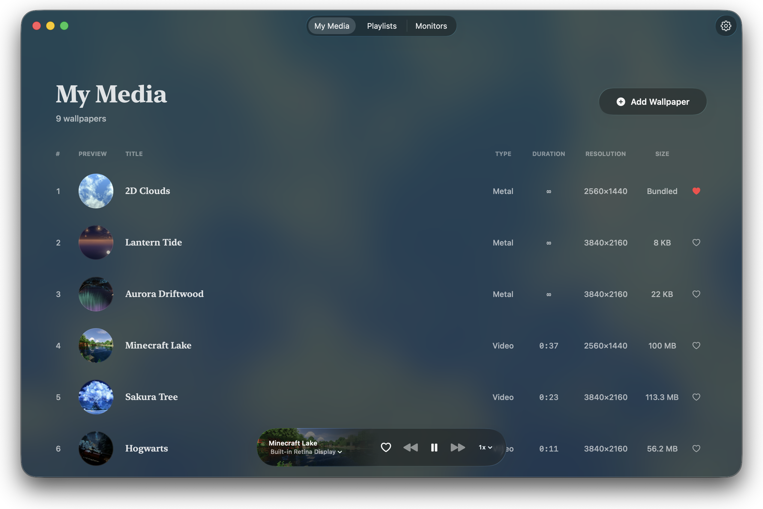 Driftwood's My Media screen showing video and Metal wallpapers with their resolution, duration, and file size