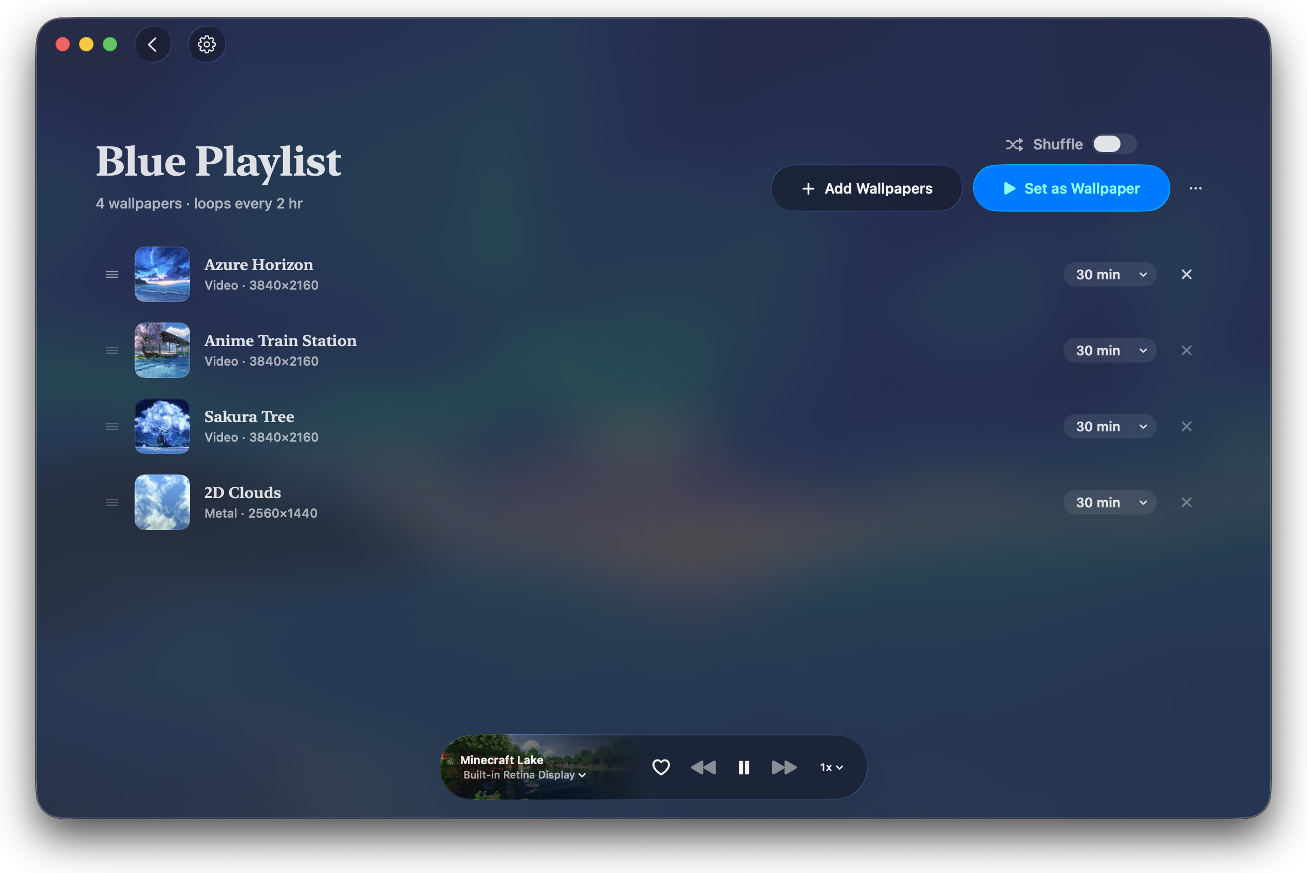 A four-wallpaper Driftwood playlist with per-item durations and controls